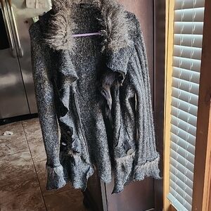 Faux-Fur Trim Gray Ruffle Open-Front Cardigan Sweater Vintage